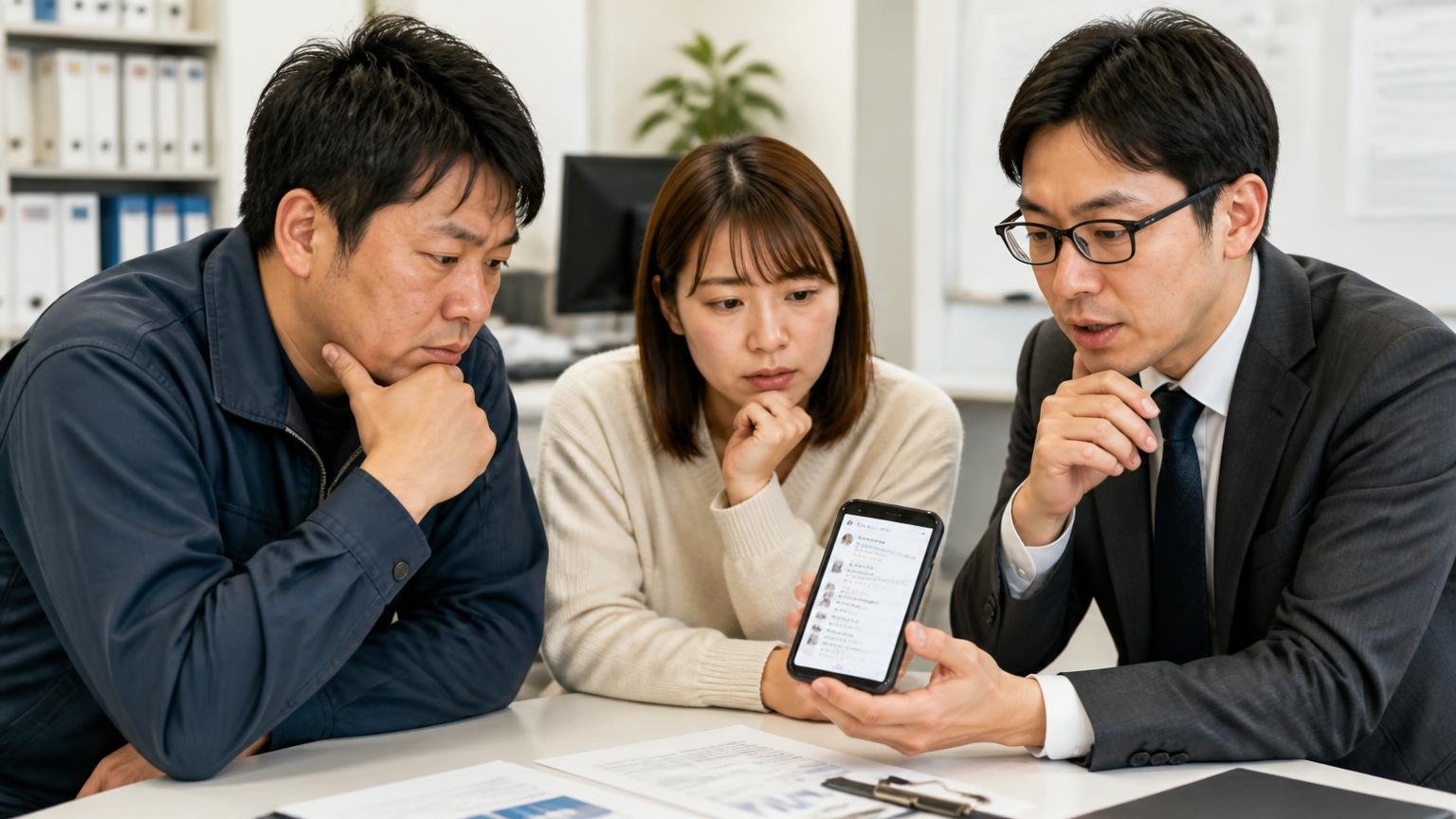 カネタグループが向いている人・向いていない人 事務所でスマホの口コミ画面を見せながら相談する場面 男女3人 真剣な表情