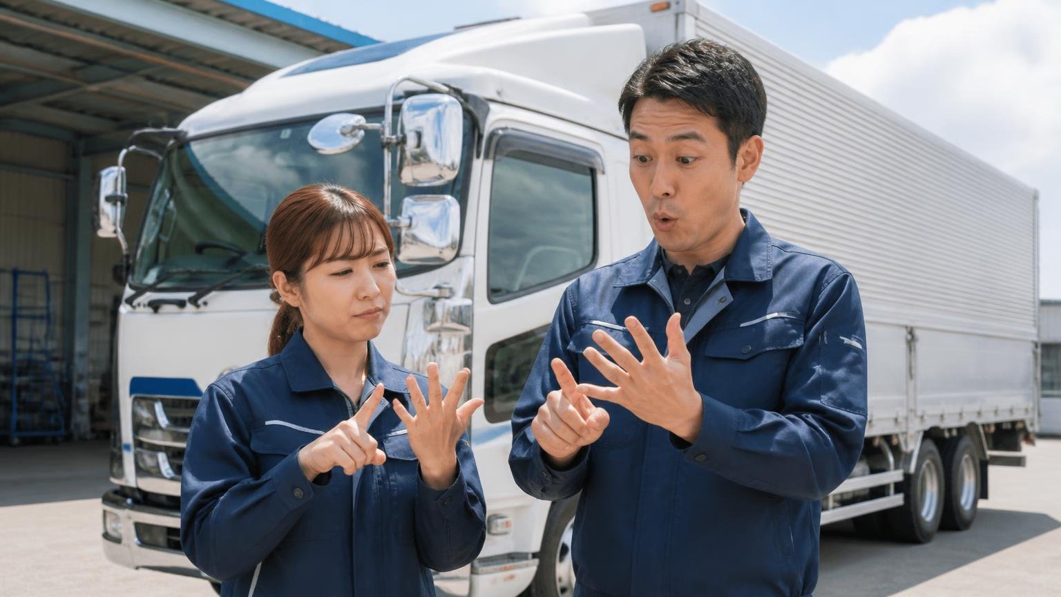 有藤商店が向いている人・向いていない人。営業所の車庫に停まった4tウイングの前で男女2人が指を折って数える