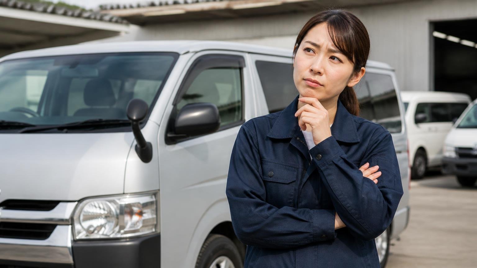 どんな人に向いていて、どんな人には向かないのか(早見)、営業所の車庫に停まったハイエースの前、腕を組んで考える30代女性