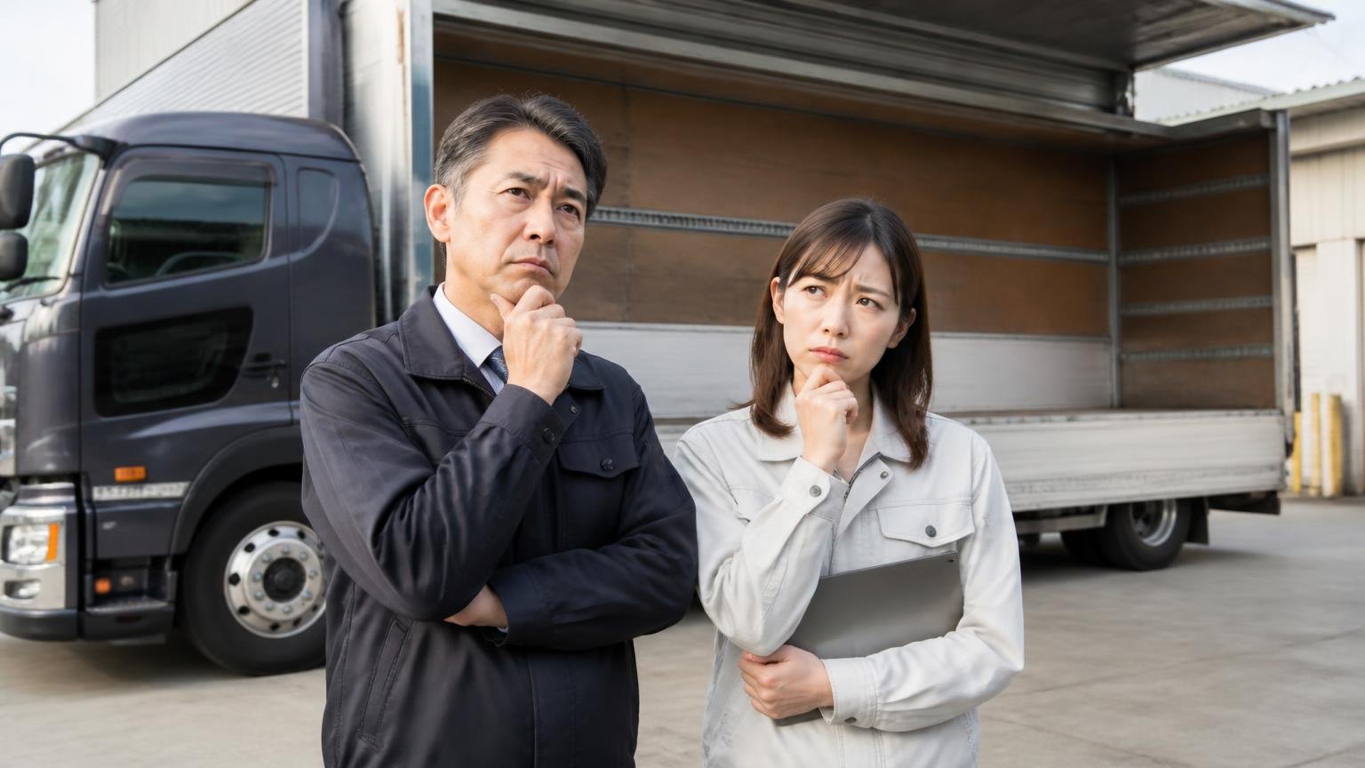 ミユーキが向いている人・向いていない人 営業所の車庫に停まった大型ウイングの前で腕を組んで考え込む運送会社の経営者と事務員