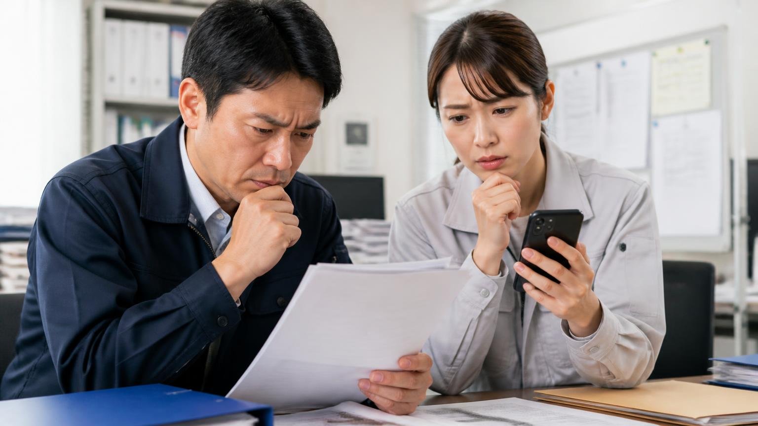 悪い評判の中心は「購入後の書類」「車両の状態」「落札後の取り消し」 事務所で書類とスマホの口コミ画面を見比べ眉をひそめる男女2人