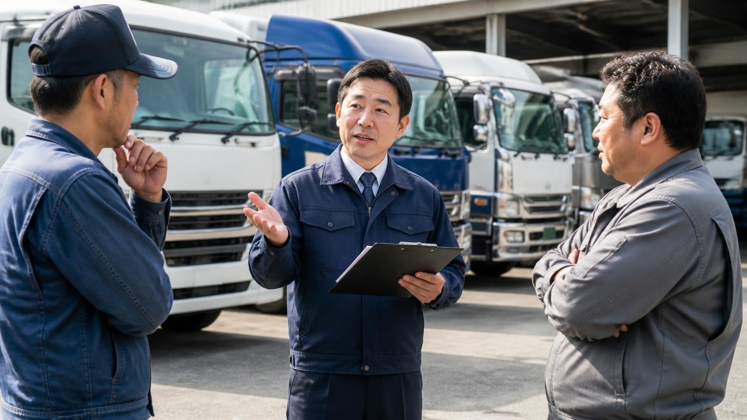 ヤナトラ買取王が向いている人・向いていない人(営業所の車庫に並ぶトラックの前で、査定士が2人のドライバーに身ぶりで説明する)