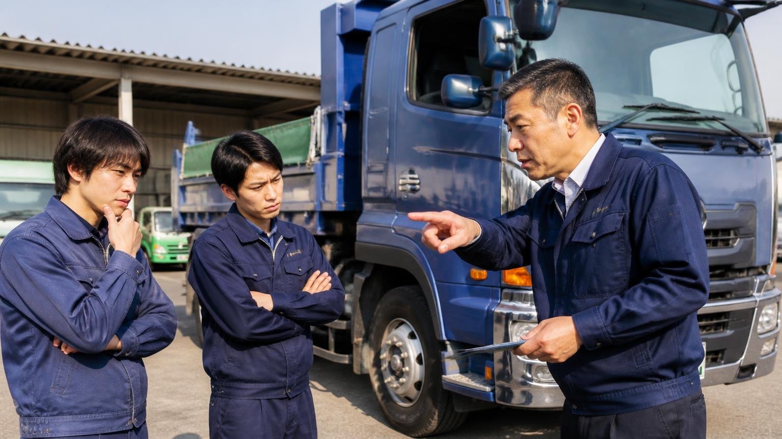 アクセルトラックが向いている人・向いていない人(早見)、営業所の車庫に停まったダンプの前で指さし確認する40代男性と20代男性2人