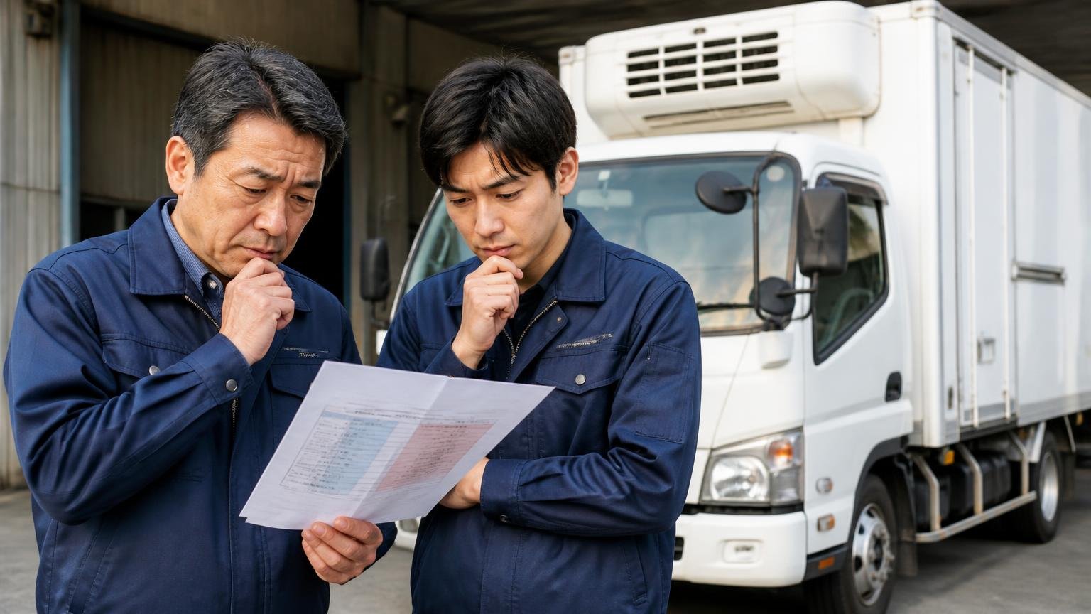 ワイズトラックが向いている人・向いていない人【早見表】、車庫に停まった冷凍車の前、運送会社の親子2人、表を見比べて考え込む