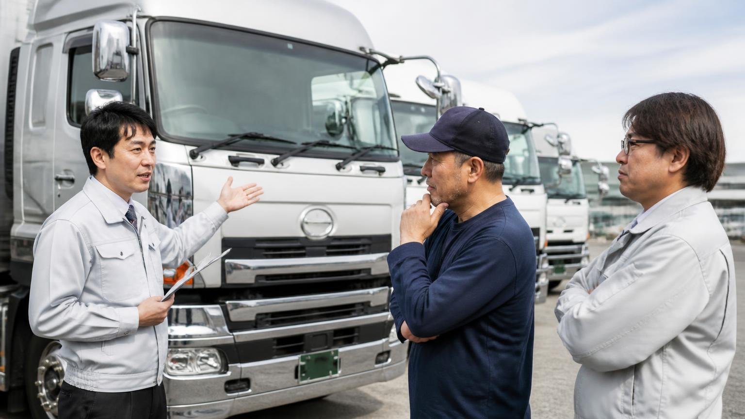 アンビバレンスが向いている人・向いていない人(営業所の車庫に並ぶ大型トラクタの前で、査定士が2人のドライバーに身ぶりで説明する)