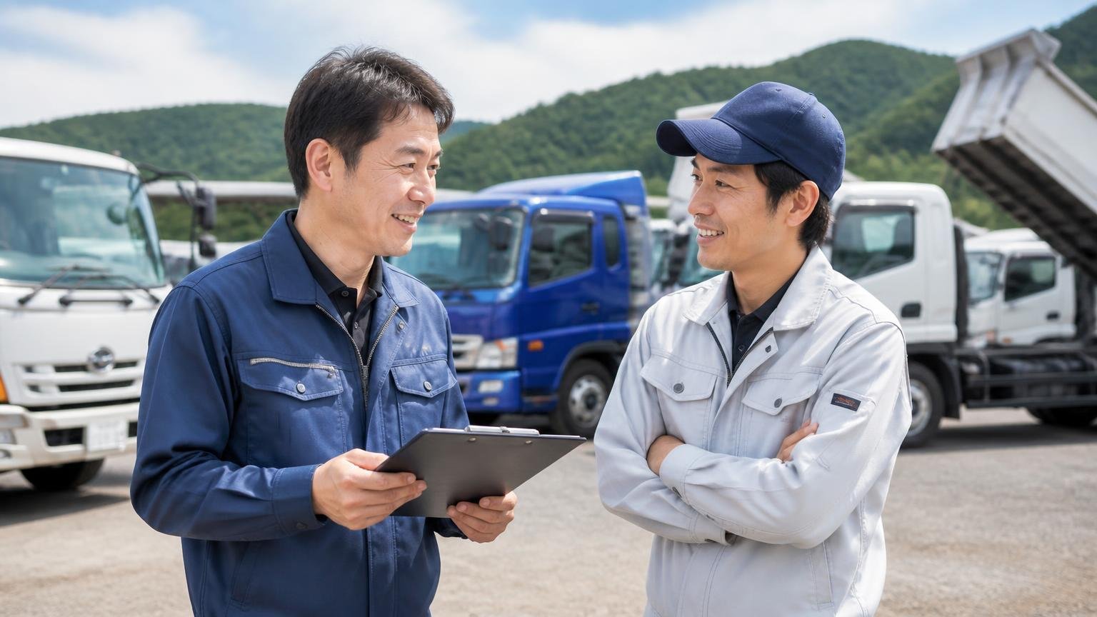 根津自動車工業が向いている人、地方の中古トラック展示場で担当者と対面で相談する作業着の男性2人、笑顔でうなずく