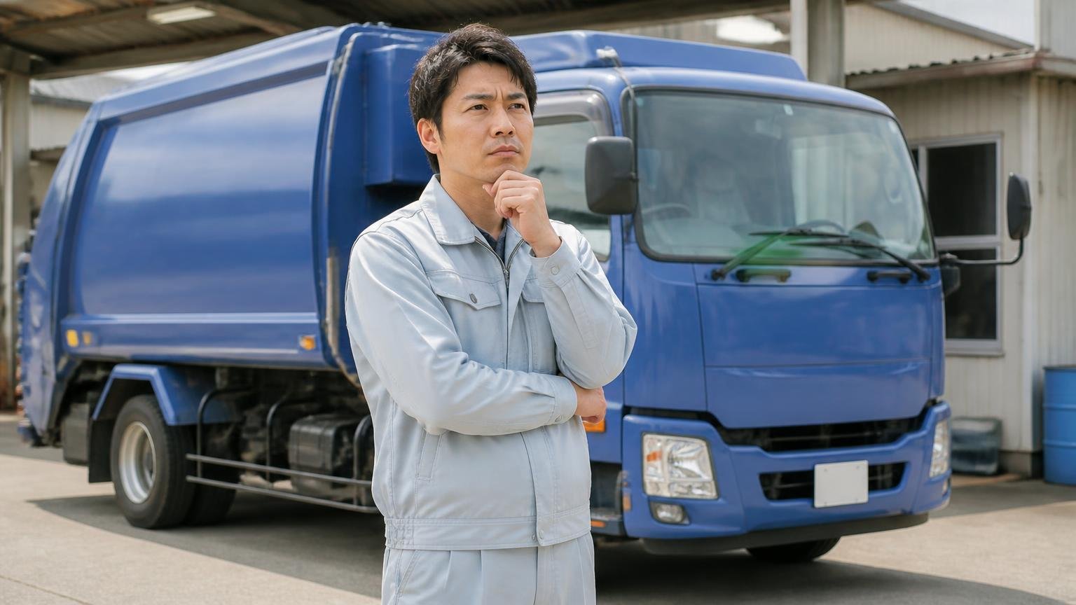 上野自動車が向いている人・向いていない人、営業所の車庫に停まったパッカー車の前で腕を組んで考え込む作業着の男性1人