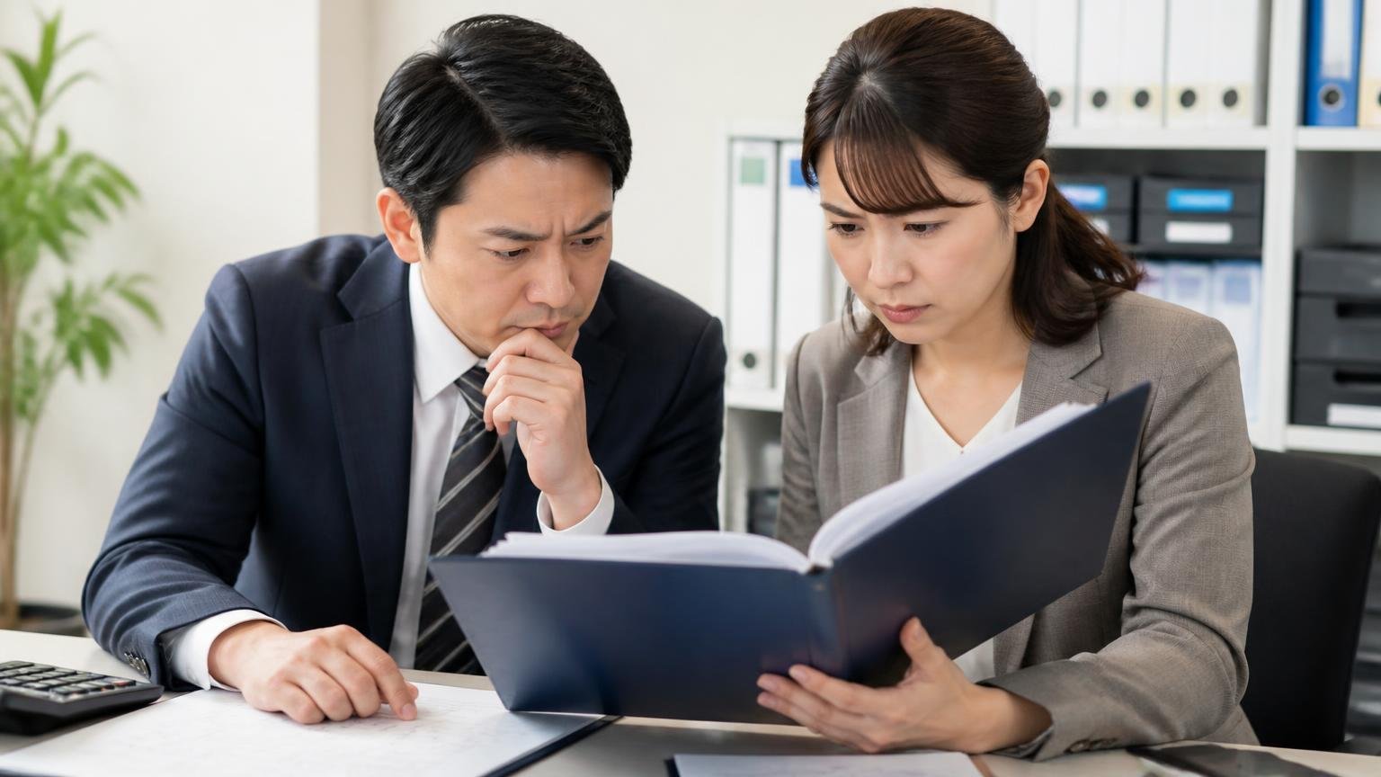 向いている人と向いていない人 事務所で見積書を挟んだバインダーを開く男女2人が真剣な表情