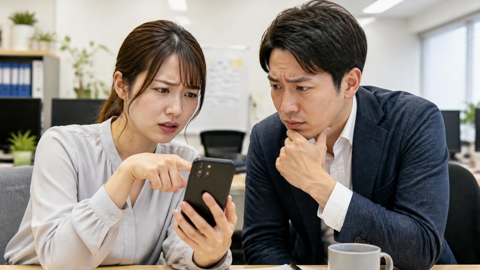 評判を調べれば金額の妥当性が分かるという勘違い。事務所でスマホの口コミ画面を見せ合う女性と男性が眉をひそめる