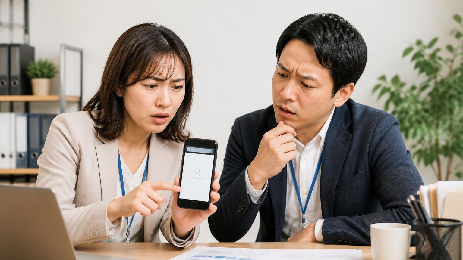 評判が悪いのではなく評判が無いだけ。事務所でスマホの検索画面を見せながら相談する女性1人と男性1人が首をかしげる