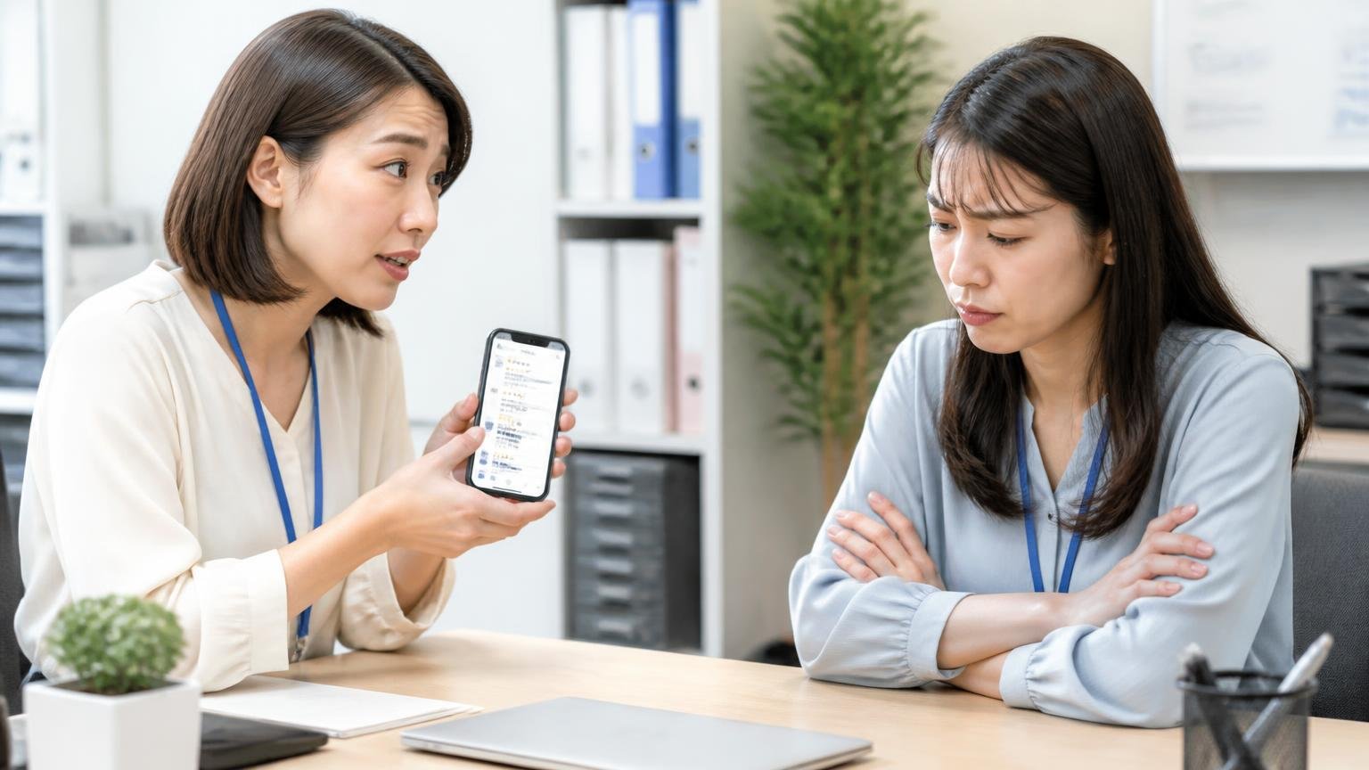 向いていない人。事務所でスマホの口コミ画面を見せながら相談する女性が、腕を組んで考え込む