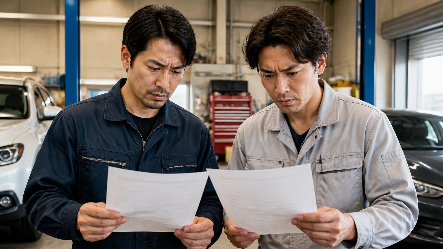 エネトラは1社目にも2社目にもなれる。車庫で2枚の見積書を見比べる男性2人が真剣な表情