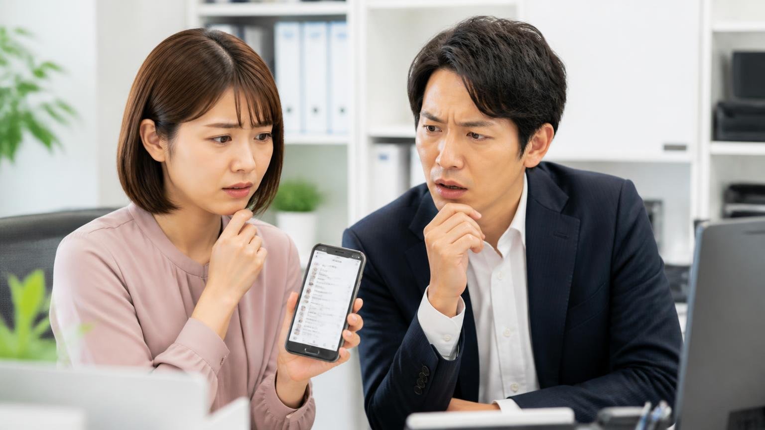 カネタニだけで決めないほうがいい人、事務所でスマホの口コミ画面を見せ合う女性1人と男性1人が困った表情