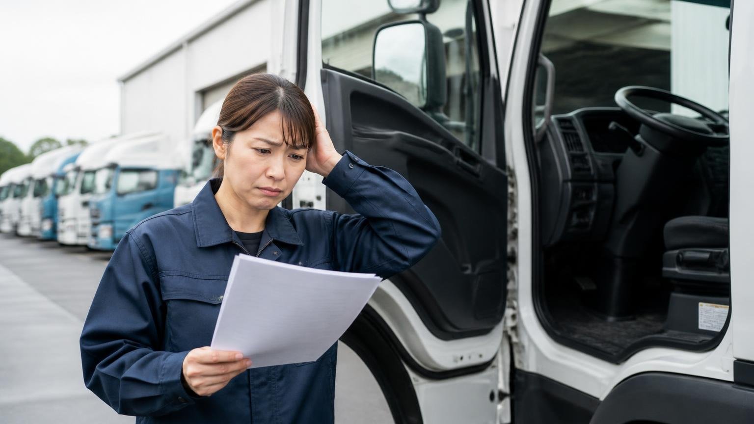 トラックセンターサンワが向いていない人。早朝の車庫で運転席のドアを開ける場面。30代女性が書類を手に困った表情