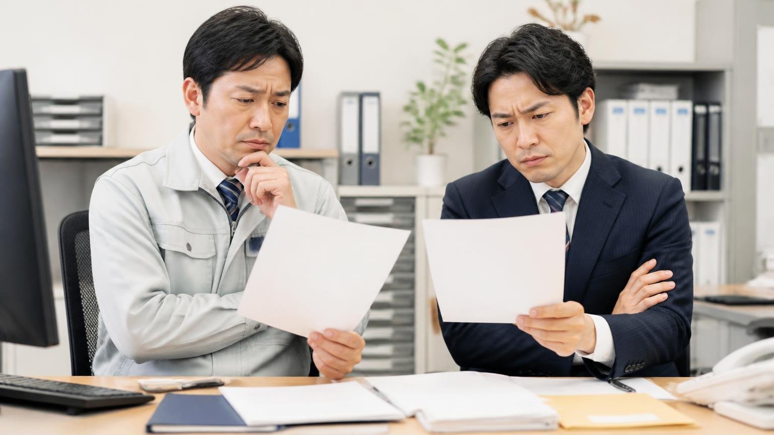 グルーウェーブが向いていない人 事務所で見積書2枚を見比べる男性2人 腕組みで悩む表情