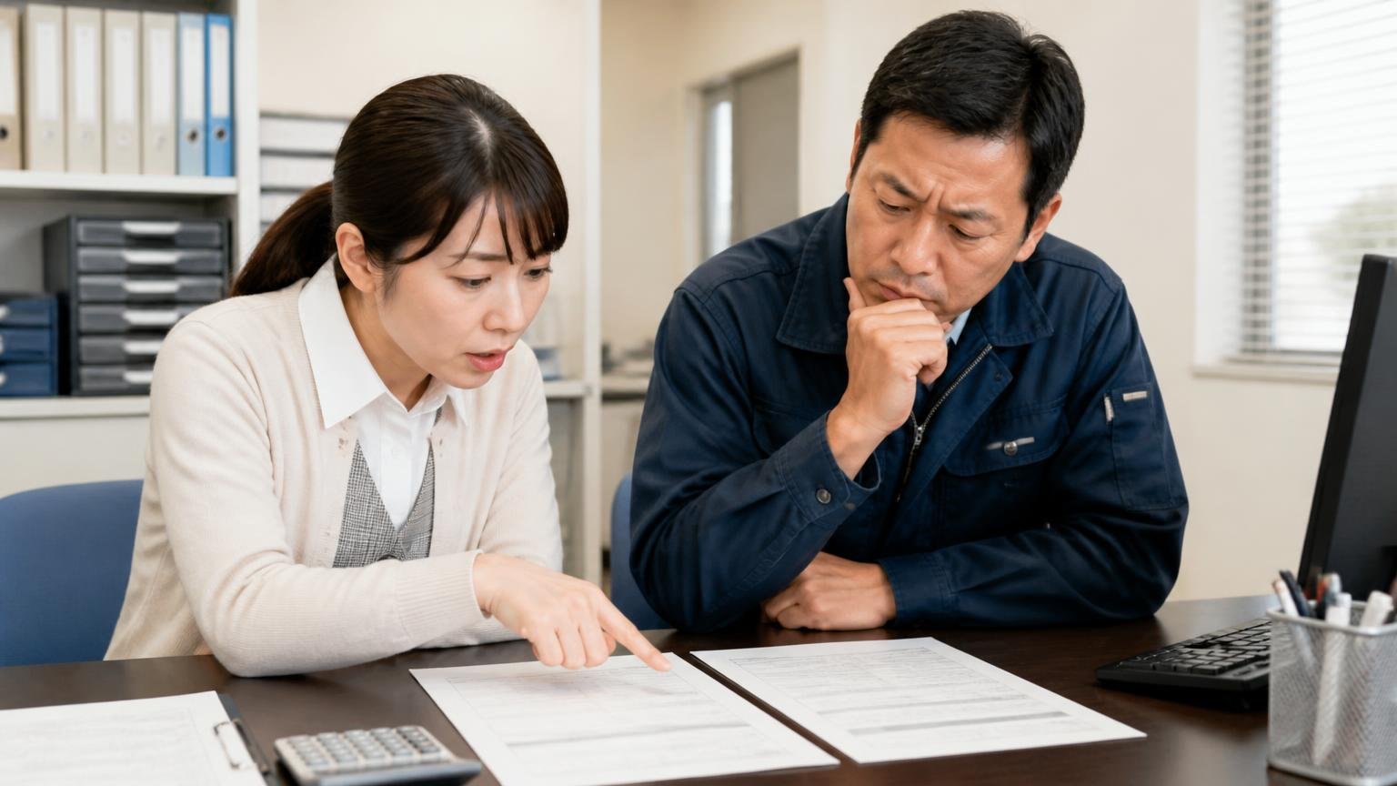 ミユーキの金額が妥当か確かめたい人が比べる相手に選んでいるトラック買取業者 事務所で見積書を2枚並べて見比べる女性事務員と男性ドライバー
