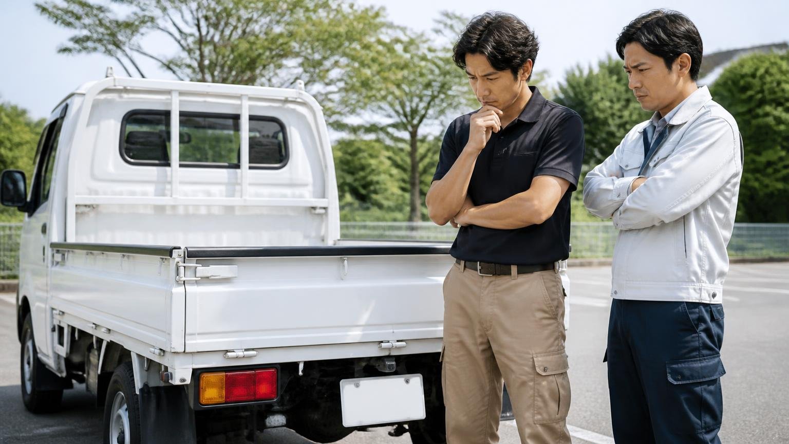 評判から見えるパークトラックの"得意"と"注意点" トラックの荷台まわりを確認する屋外で腕を組み考え込む男性2人