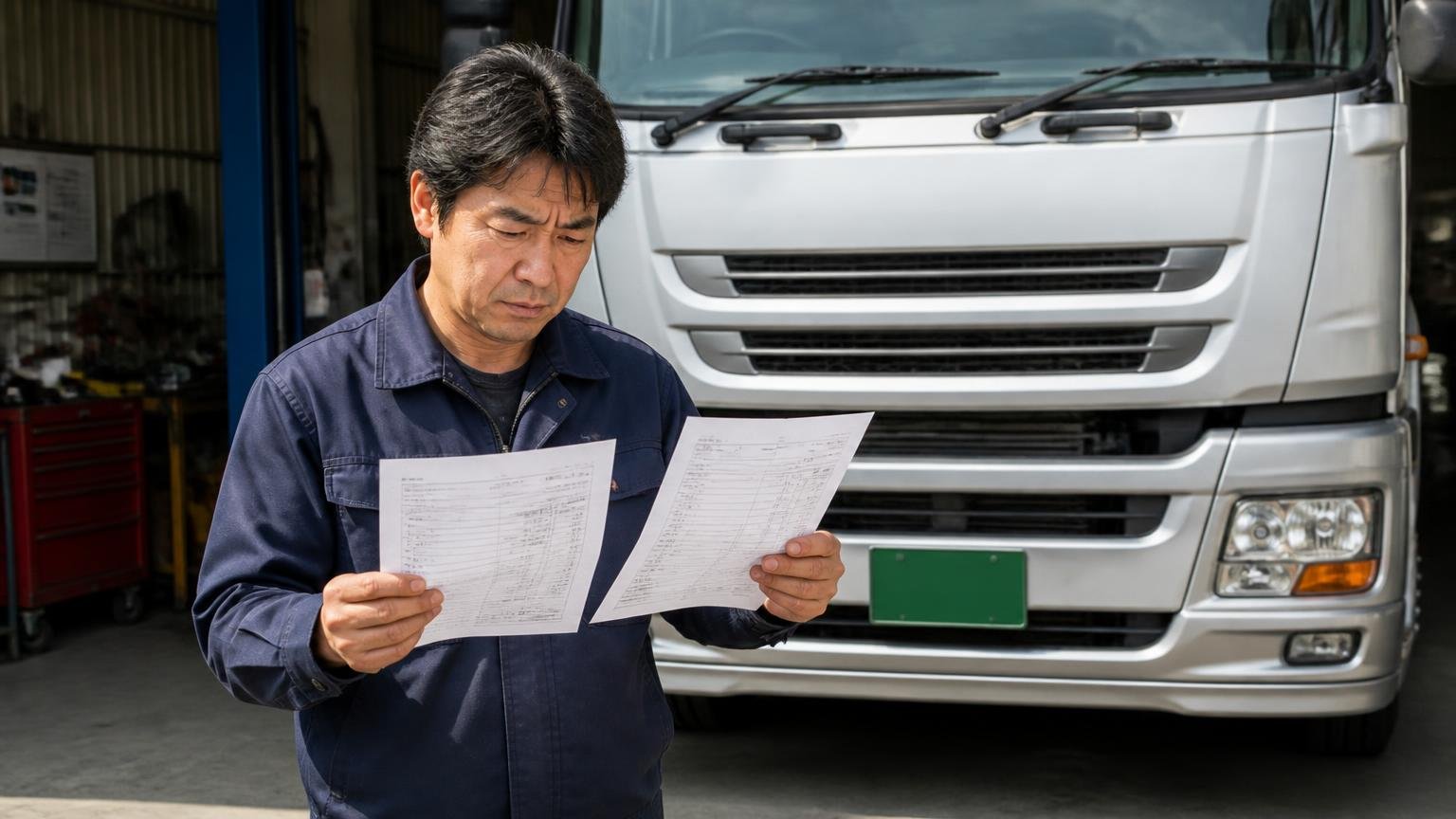根津自動車工業だけで決めないほうがいい人、車庫に停めた大型トラックの前で見積書を見比べて考え込む40代男性