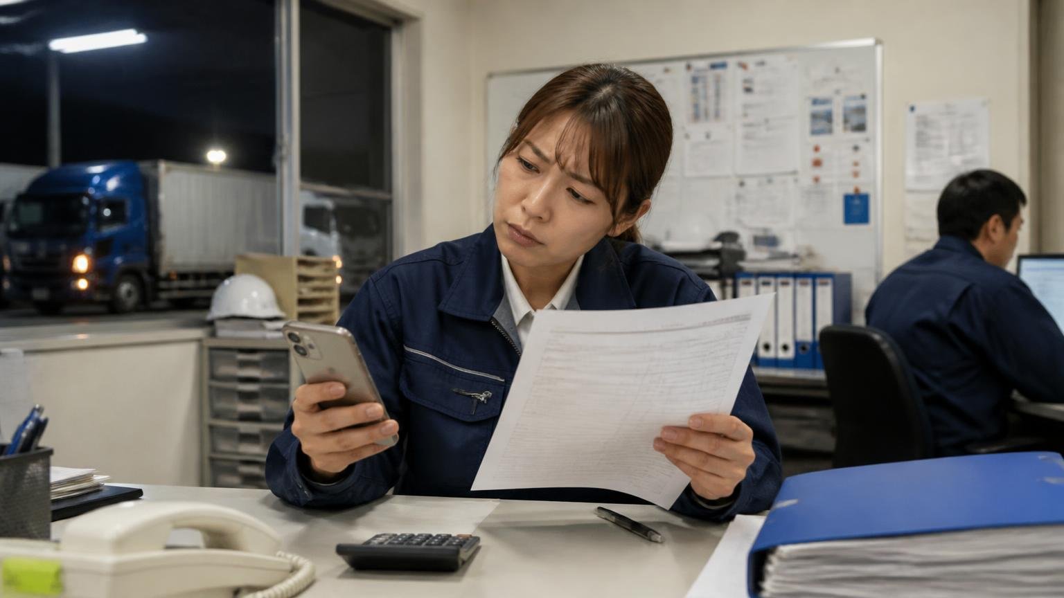 評判をいくら調べても「提示額が妥当か」は分からない理由 夜の運送会社の事務所で見積書とスマホを交互に見て首をかしげる30代女性