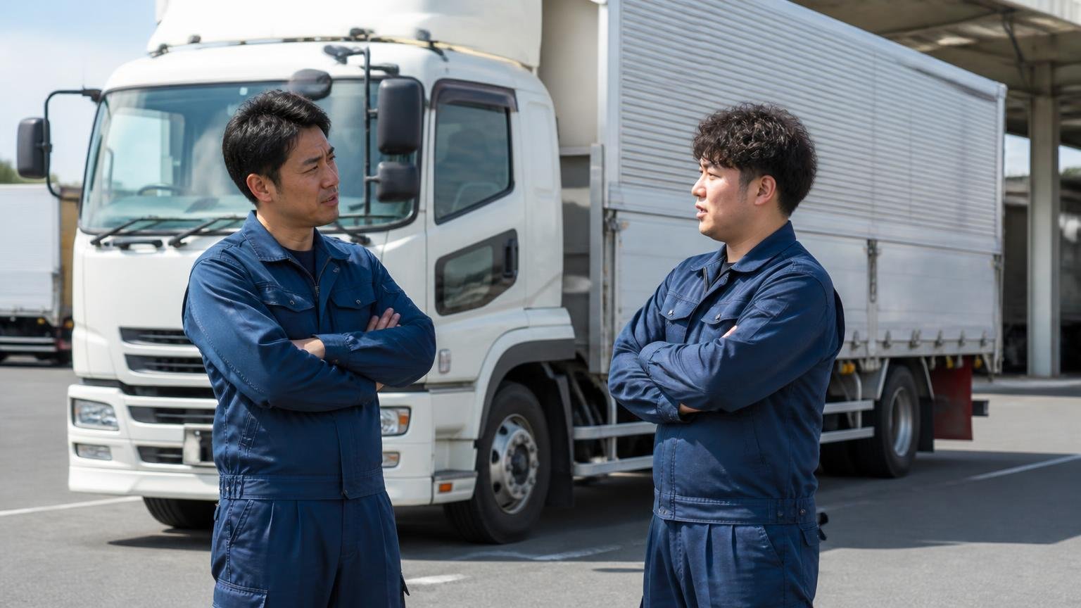 結論｜イイノに向いている人・向いていない人（先に答えます）｜営業所の車庫に停まった4tウイングの前で、作業着の男性2人が腕組みして話し合う