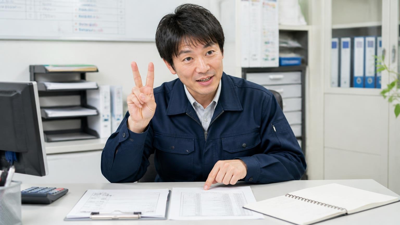 星の代わりに使う3つの物差し。営業所の事務所で男性1人が見積書とメモを並べて指を3本立てて説明する