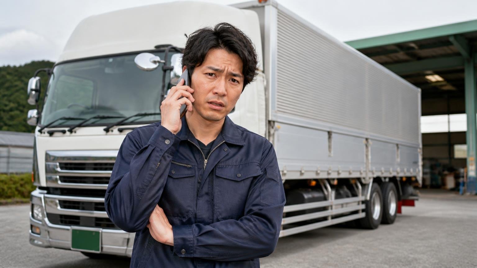 向いていない人と先に確認が必要な人、地方の車庫に停まった大型ウイングの前で男性1人が電話をかけながら困った表情を浮かべる