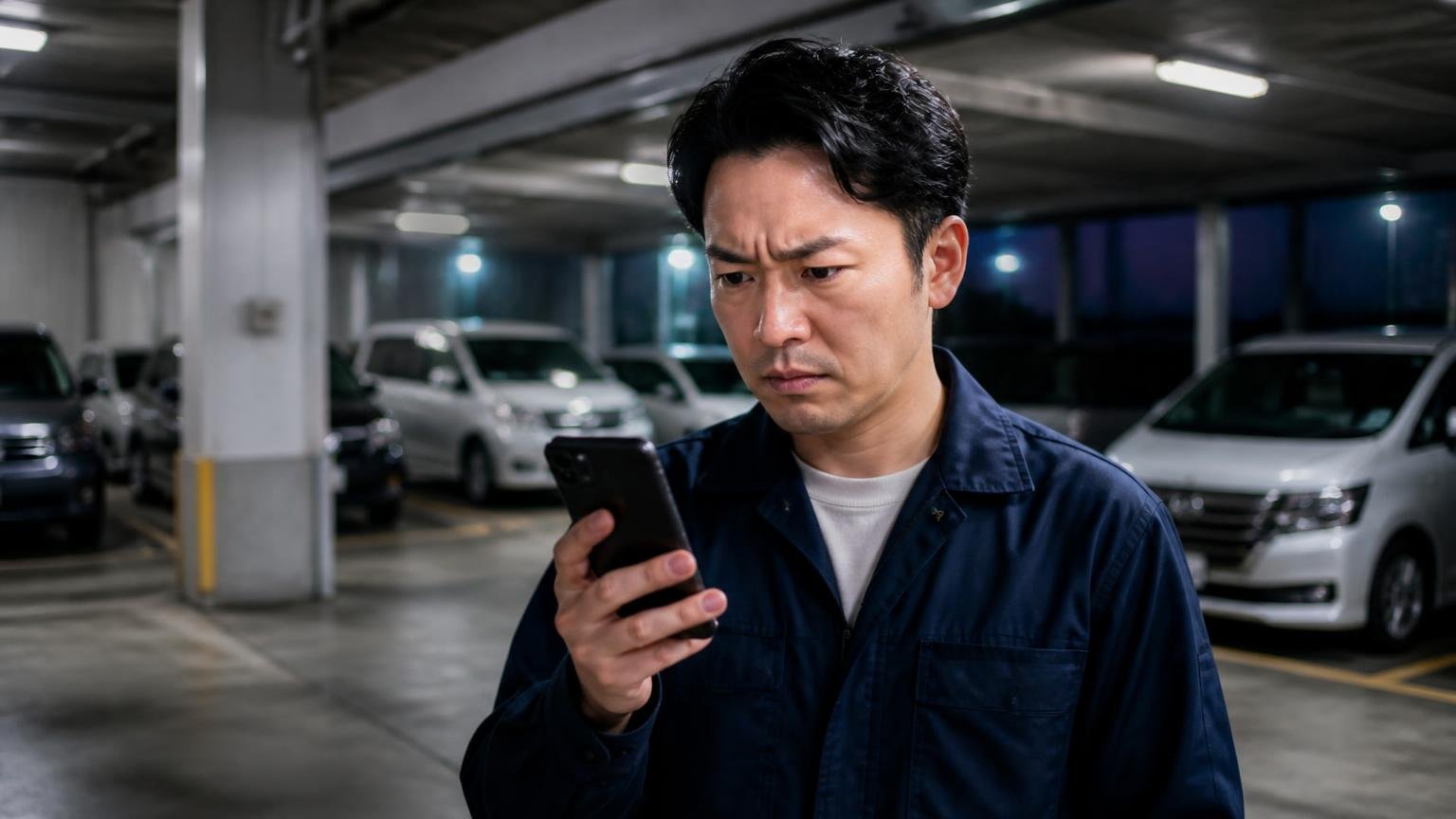 「評判が悪そう」に見える正体は理由が書かれていない★3が6件あること。夜の車庫でスマホを見つめる男性が眉をひそめる場面