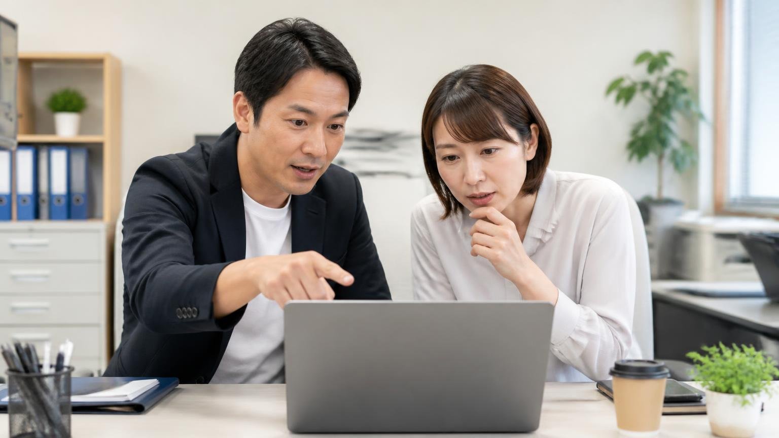 クチコミ7件の中身を数える。事務所の机でノートパソコンの画面を指さし、男性と女性が数を確認する