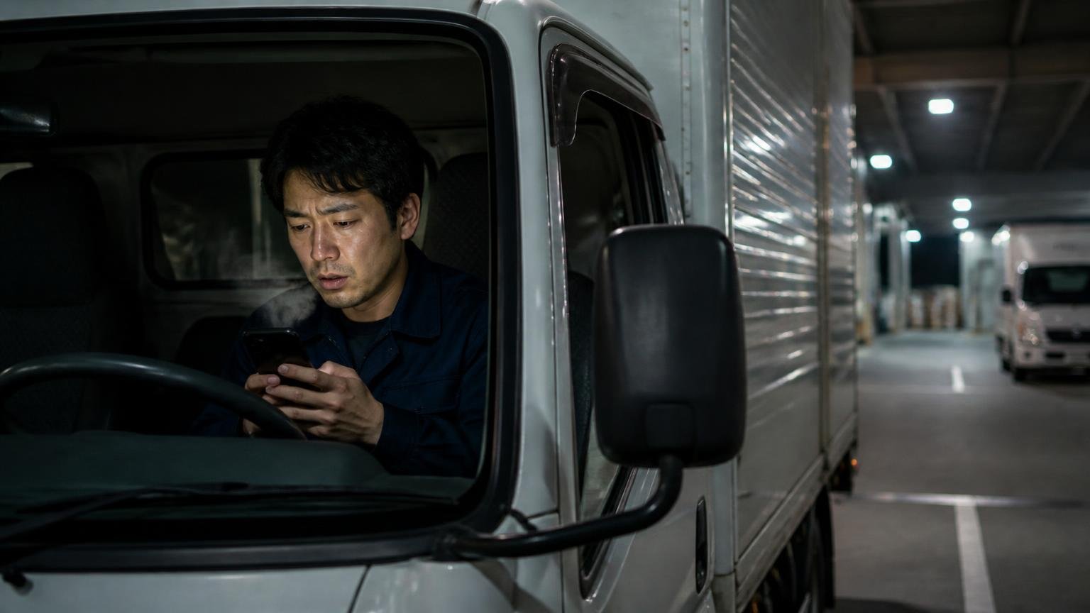 調べても出てこないのはあなたの検索が下手だからではない／夜の車庫に停めた2tトラックの運転席でスマホを見る男性1人／疲れた表情でため息