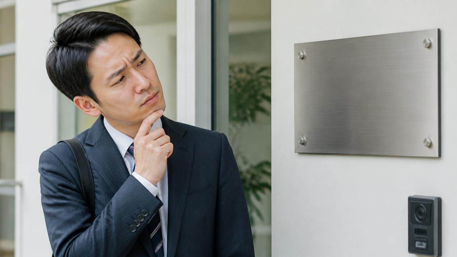 ウィングエムは株式会社ウィング・エム・事務所で社名を確認する男性1人が首をかしげる表情