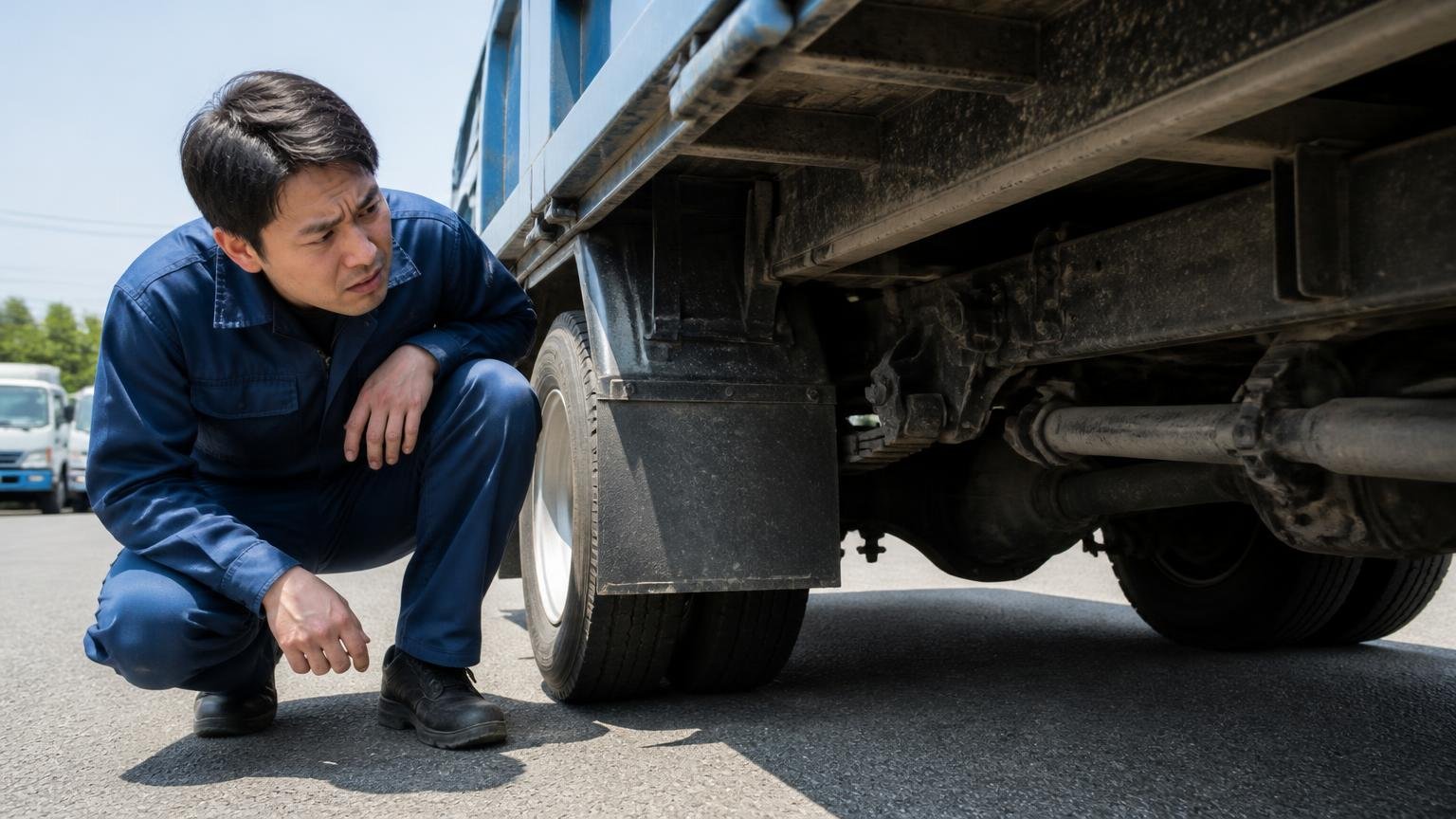 悪い口コミは「納車前の整備」への不満が1件 屋外の駐車場で納車されたダンプの下回りをのぞき込み男性1人が顔をしかめる