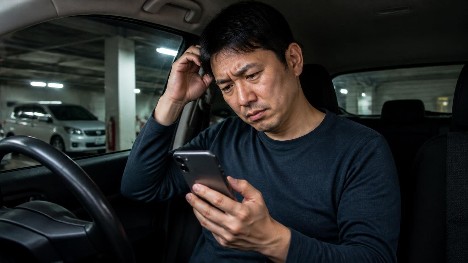 悪い口コミと買取の口コミは、探しても見つからなかった 夜の車庫の運転席でスマホを検索する男性ドライバー1人が首をかしげる