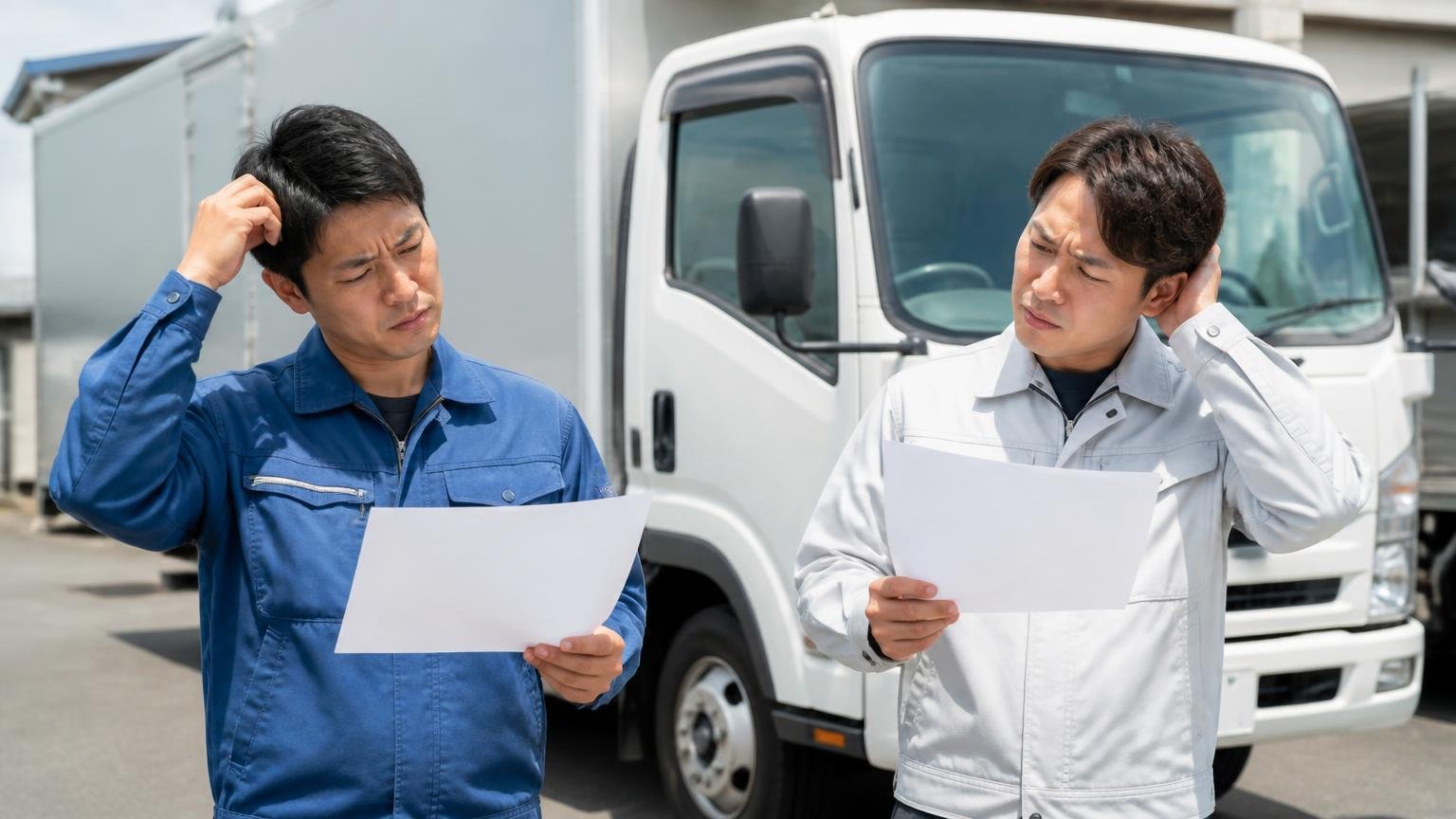評判だけでは「査定額が高いか安いか」は分からない 4tトラックの前で査定の紙を持つ男性2人、首をひねって悩む