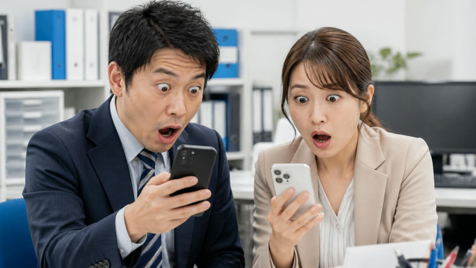 名前の似た別会社の口コミと取り違えない 事務所で2台のスマホ画面を見比べて驚く男性1人と女性1人、目を丸くする