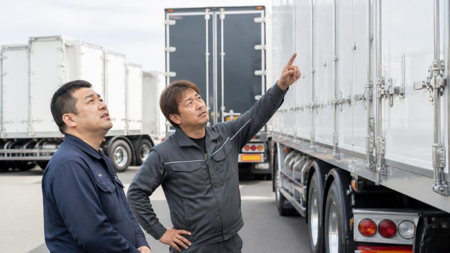 口コミが少ないのは怪しいから?専門店ならではの事情。大型トレーラが並ぶ展示場で運送会社の男性2人が車両を見上げて話す