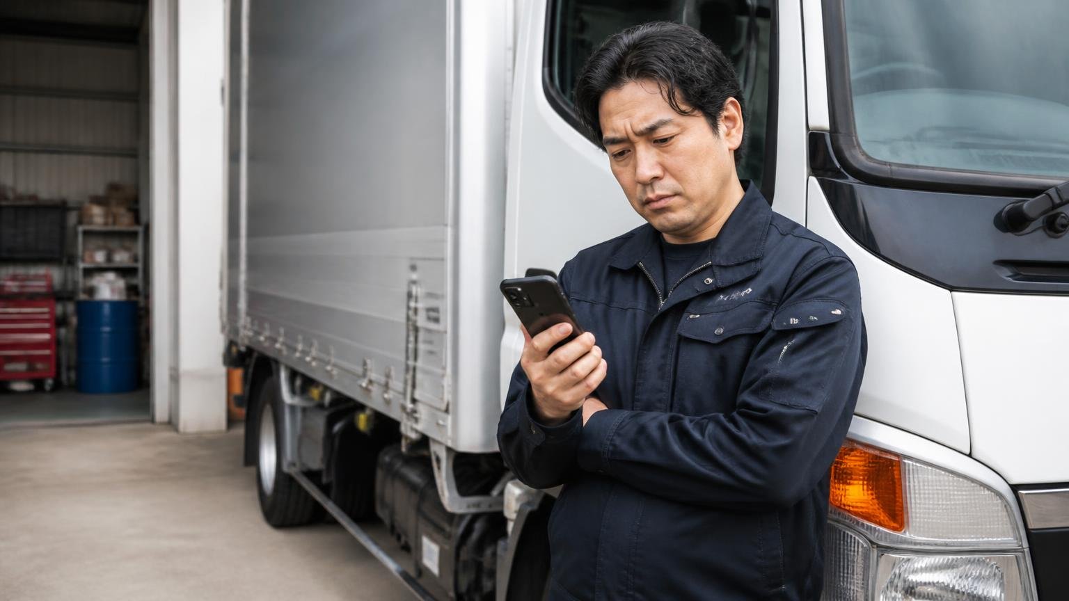 悪い口コミは文章では0件、ただし★2が2件ある 車庫のトラックの横で、腕を組んでスマホ画面を見つめ考え込む男性1人
