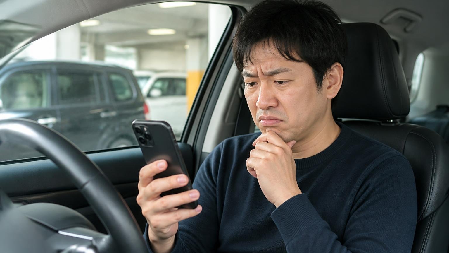 悪い口コミ・低評価の中身｜本文のない★1と、売買と関係ない★3、車庫の運転席でスマホの★1を見つめて眉をひそめる男性ドライバー1人