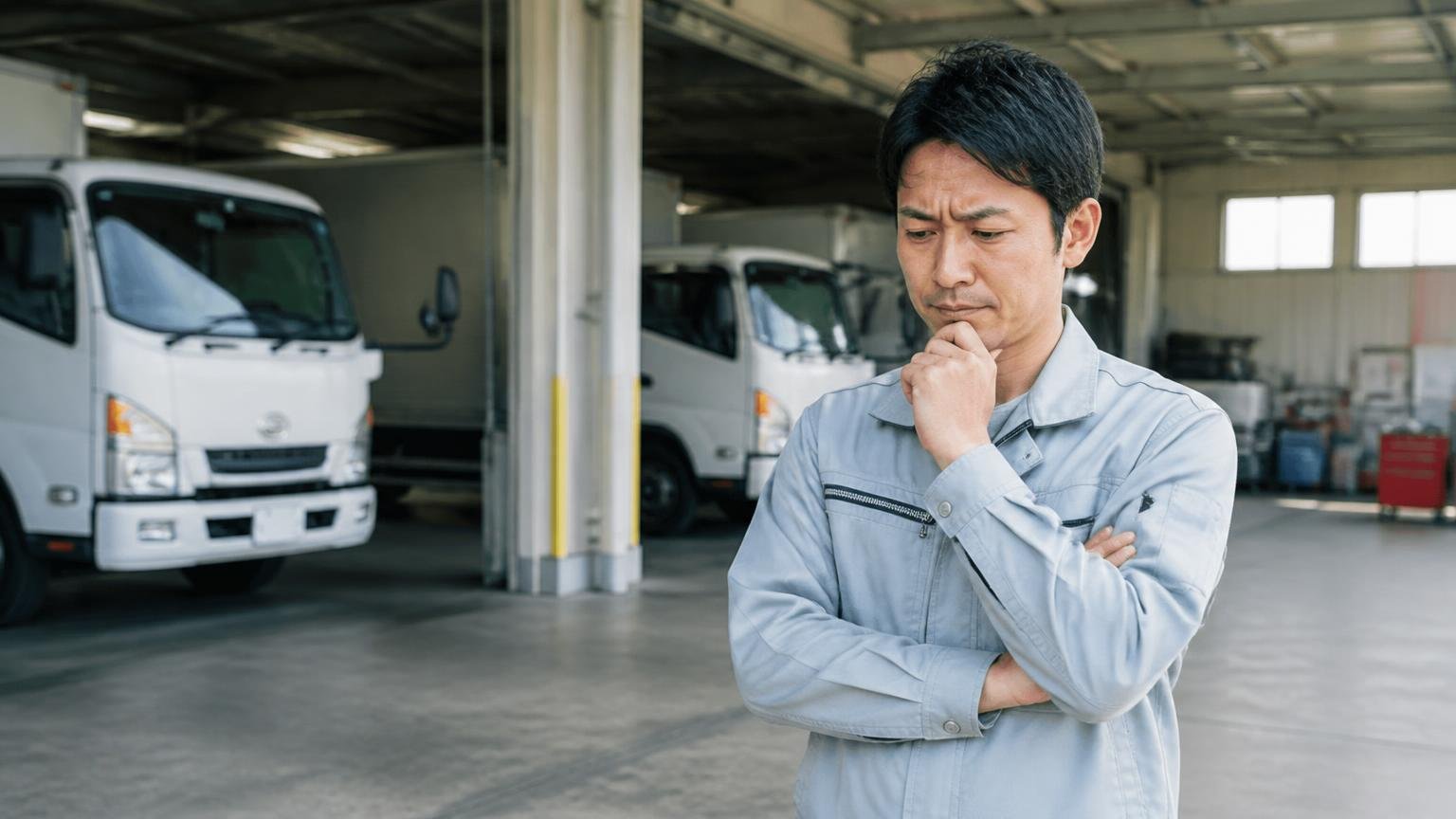 「悪評がない」ではなく「判断材料が足りない」が正しい読み方、営業所の車庫で腕を組んで考え込む作業着の男性1人