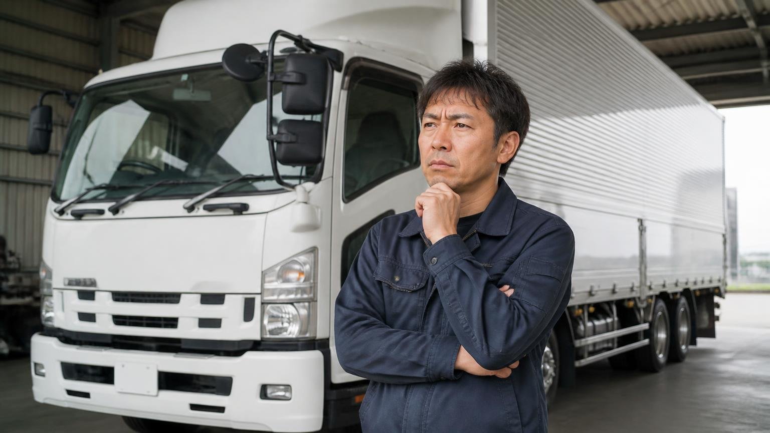 悪い口コミ0件は声が集まっていないと読む、車庫に停めた4tウイングの前で腕を組んで考え込む40代男性1人
