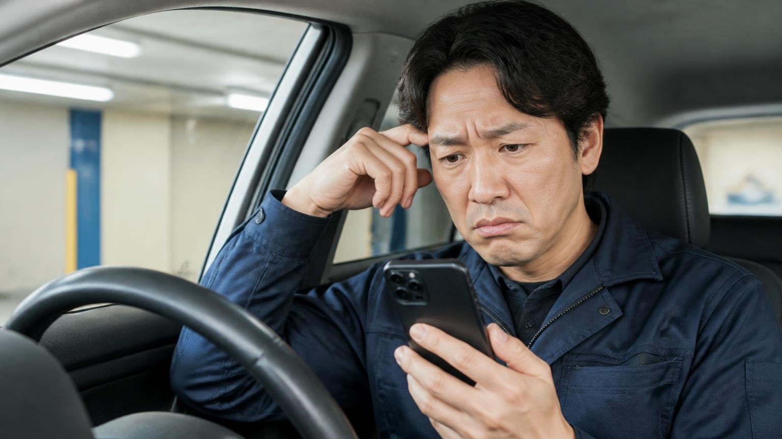 悪い口コミ・低評価の中身|本文のない★3が3件、車庫の運転席でスマホの★3を見つめて眉をひそめる男性ドライバー1人