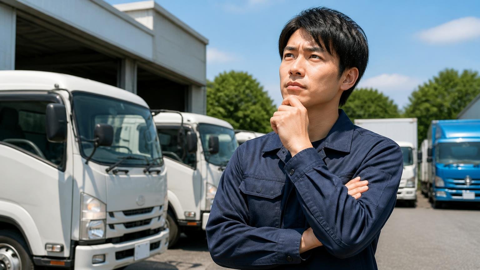 口コミが少ない業者は「悪い」のではなく「判断材料が足りない」だけ。中古トラック販売店の車庫前で腕を組んで考え込む若いドライバー1人