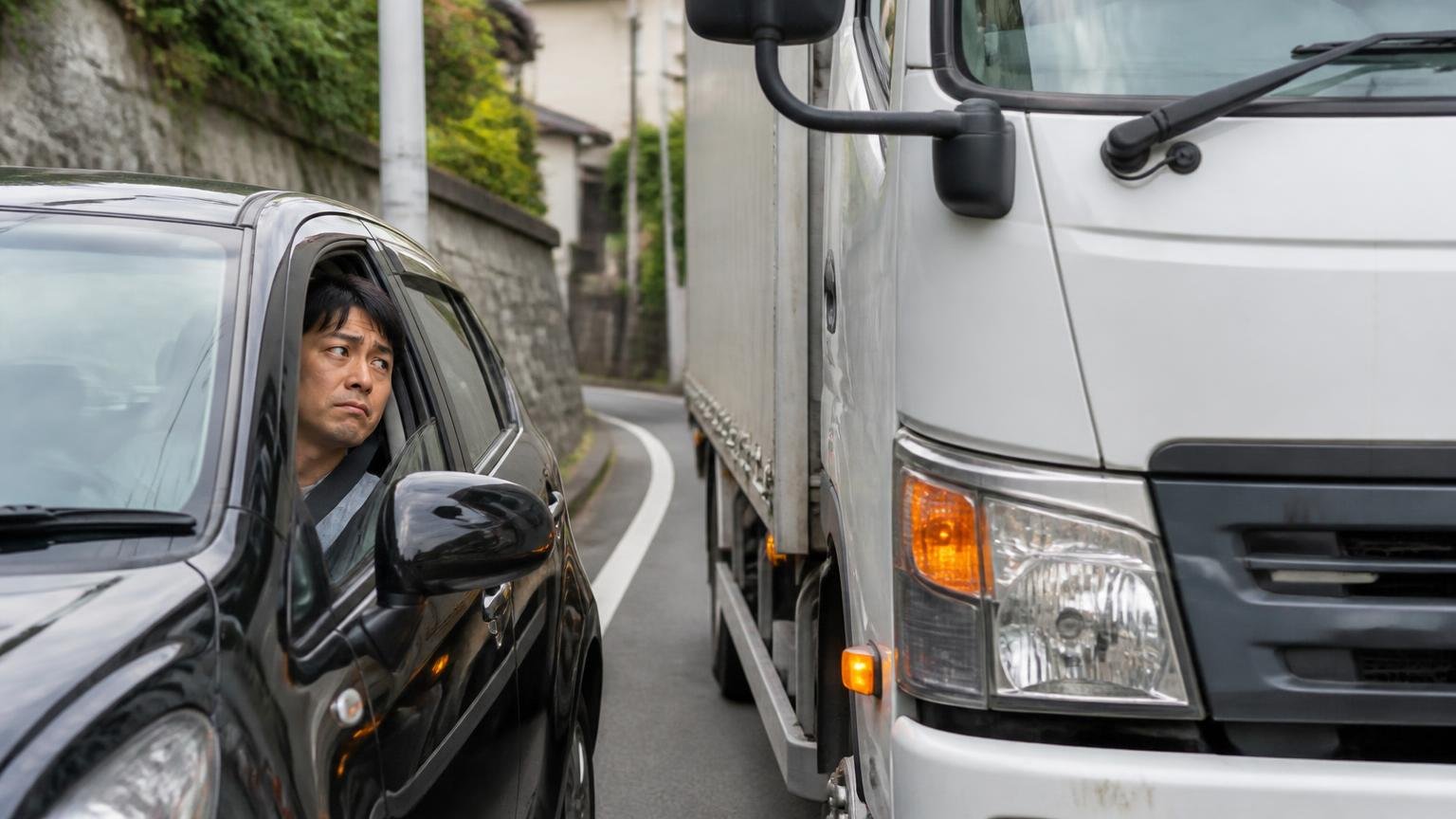 悪い口コミ｜本社の★1が3件、すべて「取引していない人」の声 細い道でトラックとすれ違う場面 乗用車の運転手1人が眉をひそめる
