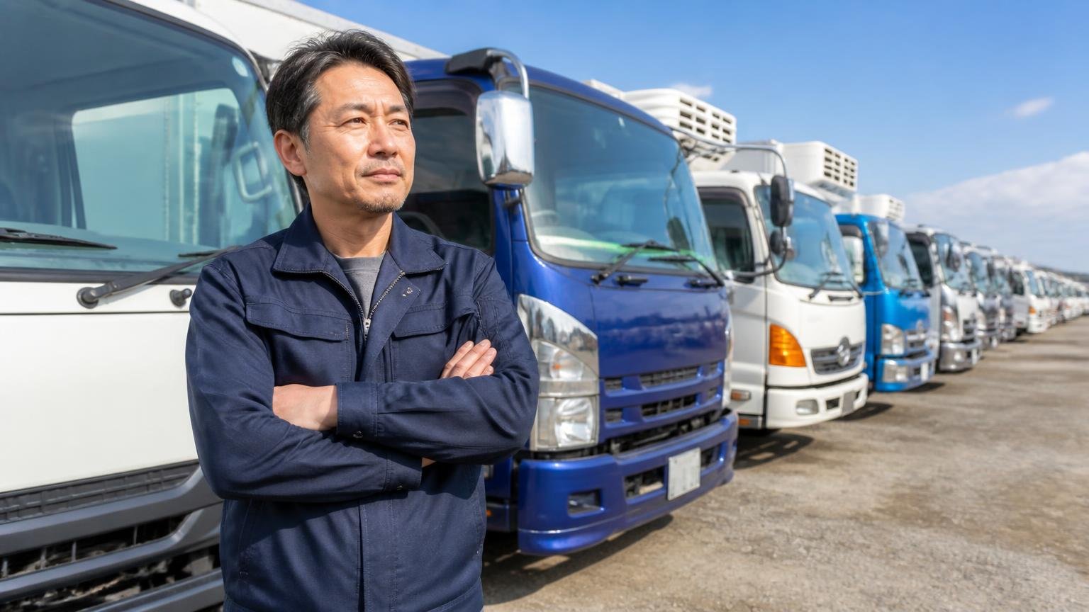 ★の数は誰の声かで意味が変わる|中古トラック展示場で並んだトラックの前に立ち腕組みして考える40代男性1人