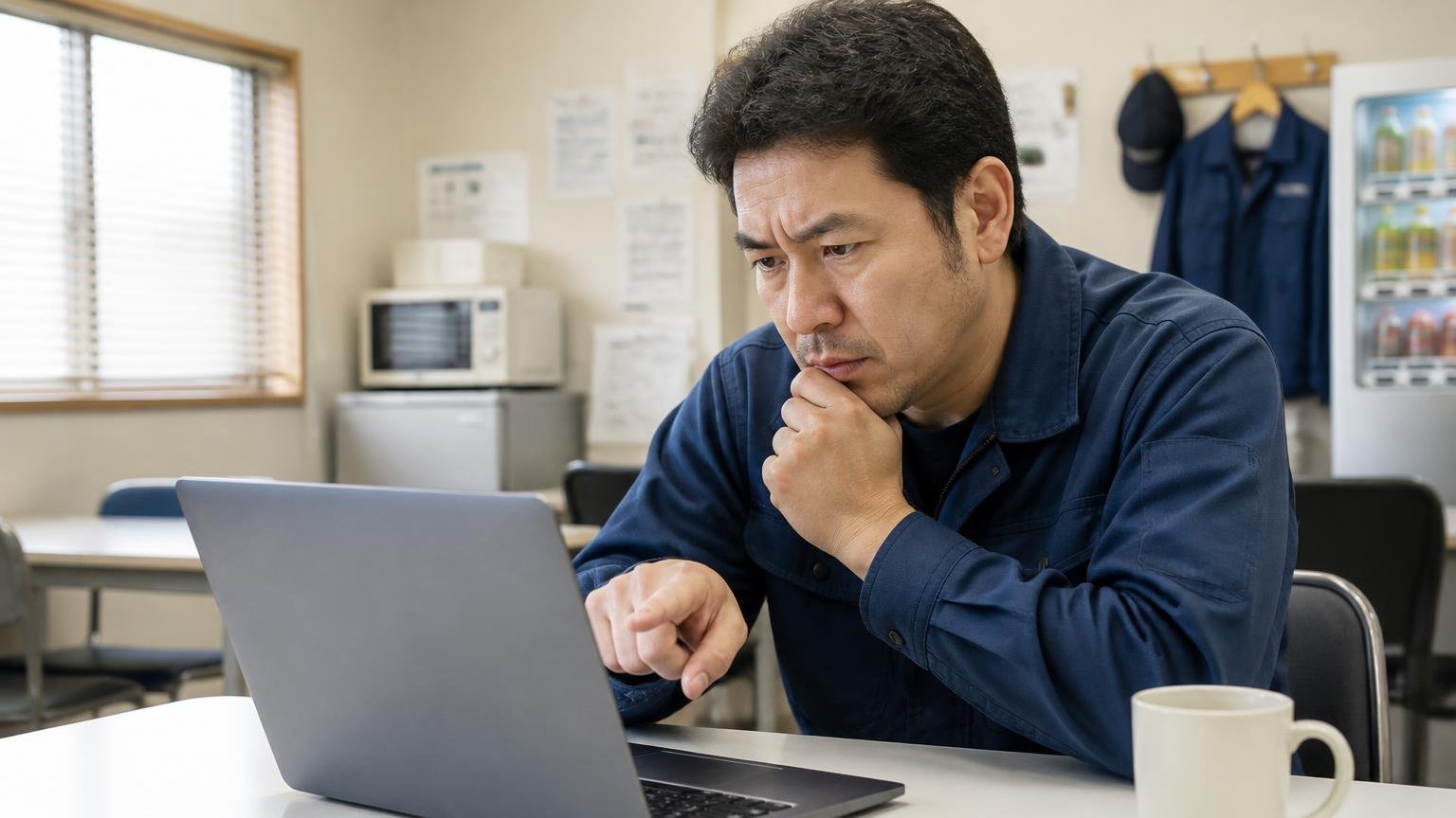 ★4.4を「安心」と読む前に、誰が書いた口コミかを確認する。運送会社の休憩室でノートパソコンの口コミ画面を指さして真剣に考える男性1人