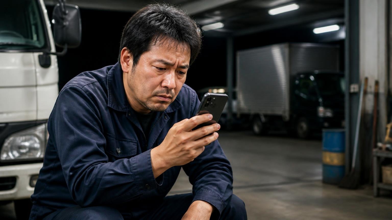 悪い口コミの傾向|低評価7件の中身は買取とは無関係だった 深夜の車庫でスマホの★1レビューを何度も読み返す運転手1人が眉をひそめる