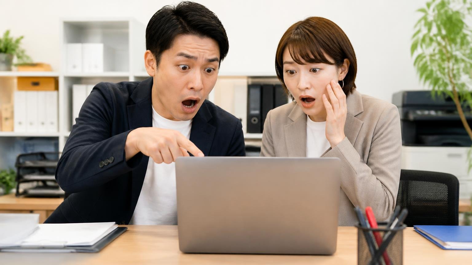 Xや他の口コミサイトに「売った人の声」はなかった 事務所の机でノートパソコンを前に、男女2人が画面を指さし驚いている