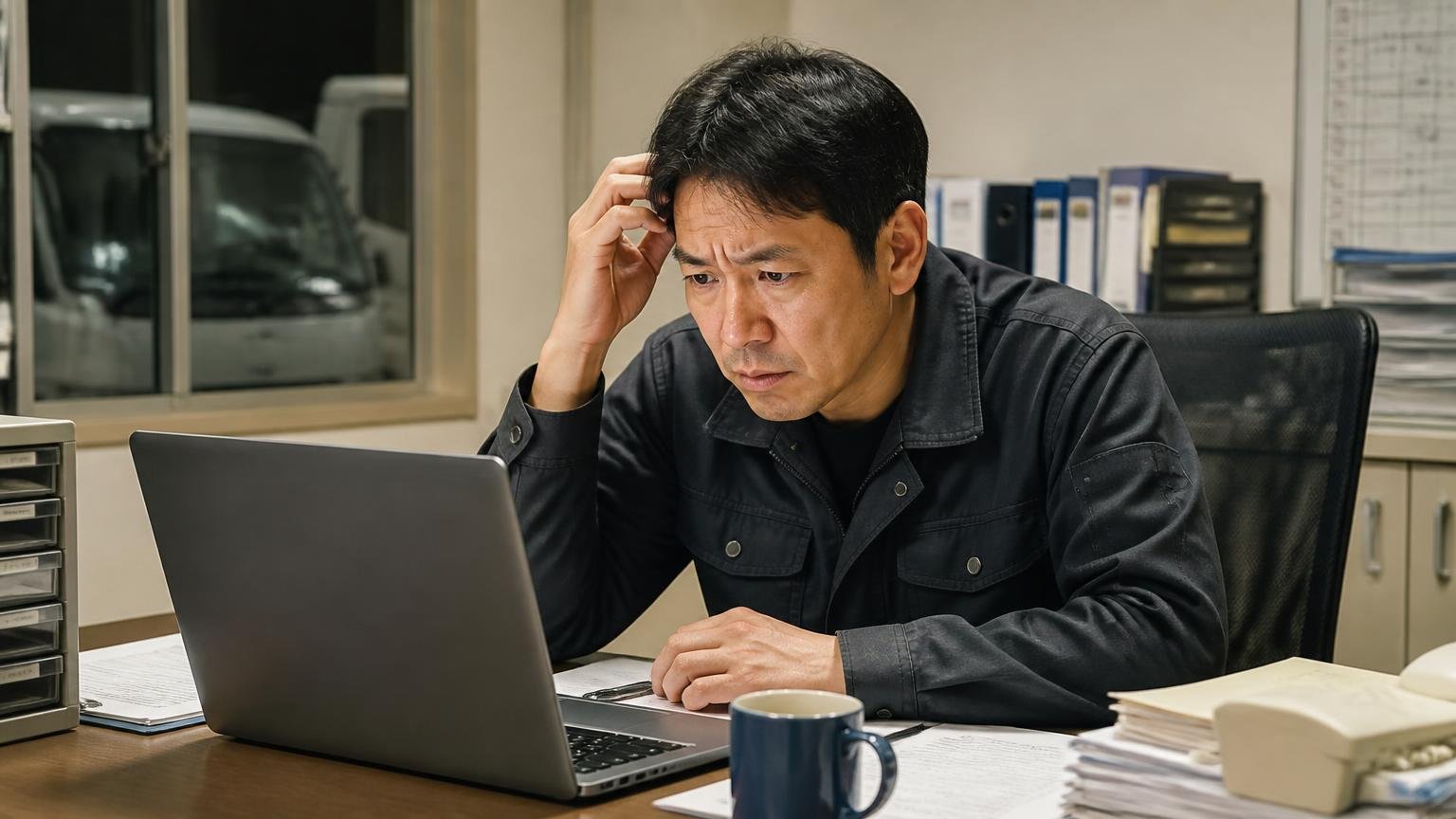 X・知恵袋・みん評・カーセンサーには口コミがない｜地場の商用車専門店では珍しくない 深夜の事務所でPC検索する経営者1人が首をかしげる