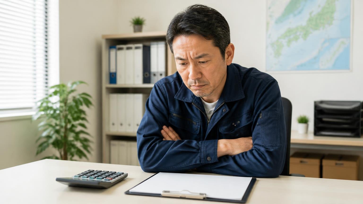 買取・査定について書かれた口コミは0件|★の数では査定額は分からない 事務所の机で電卓と空欄の見積書を前に腕を組む運送会社の経営者1人が考え込む