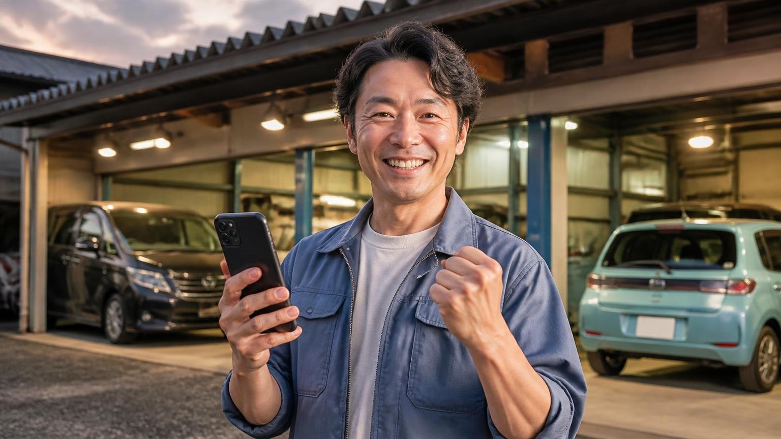 次に金額を並べる相手を決める。夕方の車庫でスマホを持ち前を向く男性1人が晴れやかな表情