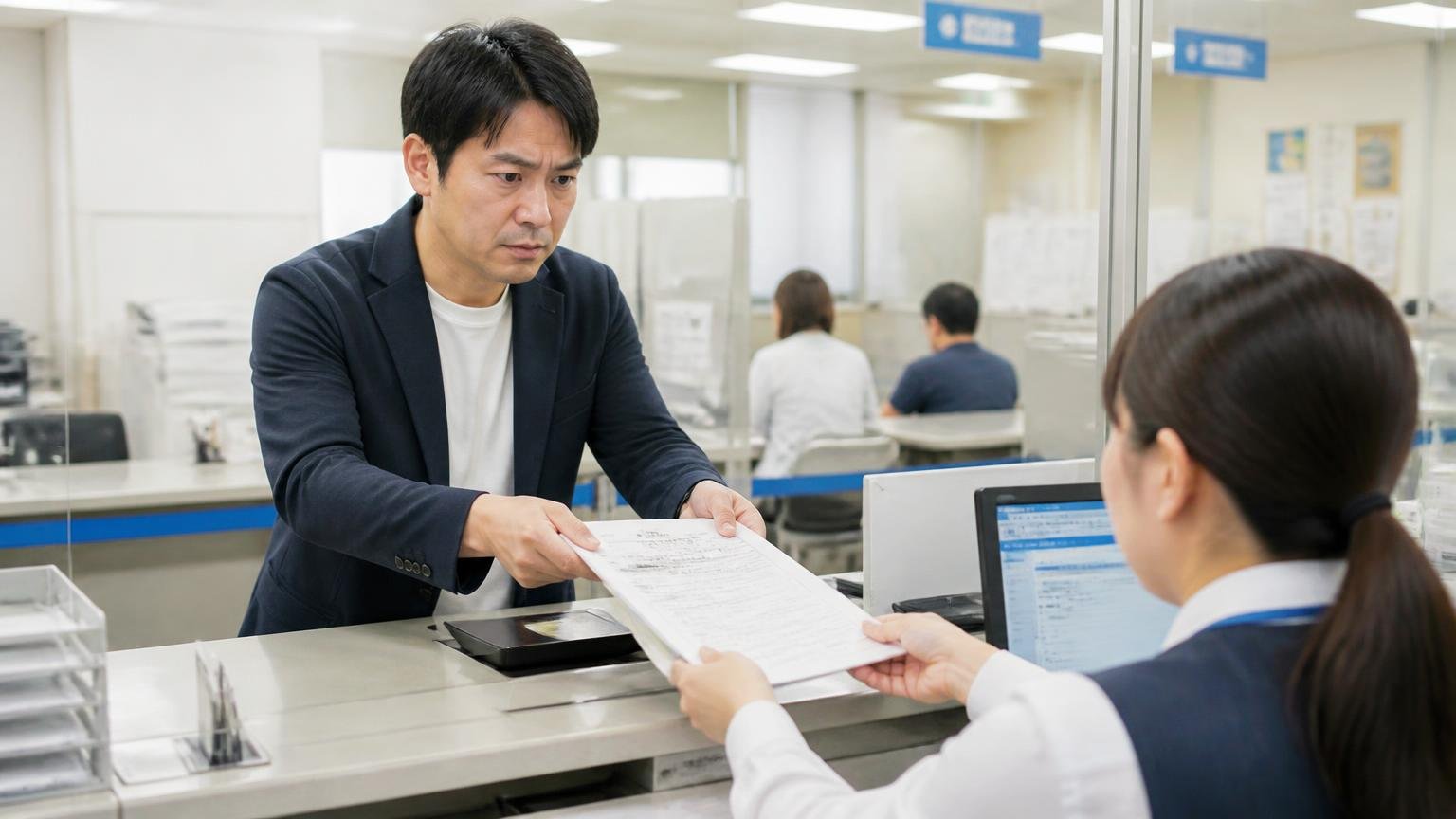 名義変更(移転登録)は15日以内で期限が法律で決まっています 運輸支局の窓口で書類を提出する男性1人が真剣な表情